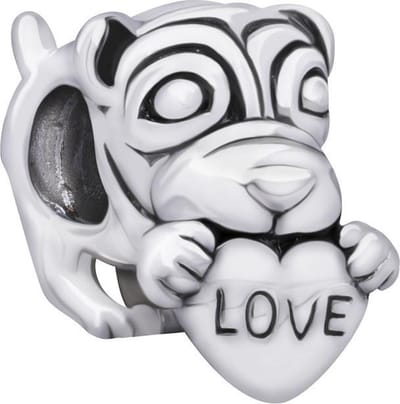 Quiges - 925 - Zilveren - Bedels -Sterling zilver - Beads - Puppy met Hart Kraal Charm - Geschikt – voor - alle bekende merken - Armband Z375