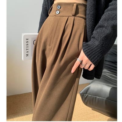 Verdikte Wollen Wijde Pijpen Broek voor Dames in Herfst en Winter Hoge Taille Bruine Pakbroek High-end Gevallen Losse Casual Broek M brown