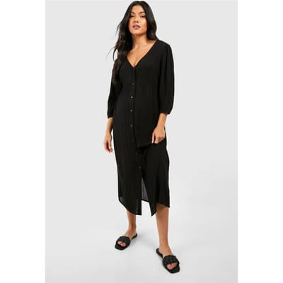 boohoo Dames Zwangerschapsjurk van kaasdoek met knoopsluiting midi jurk | Zwart | Maat: 38