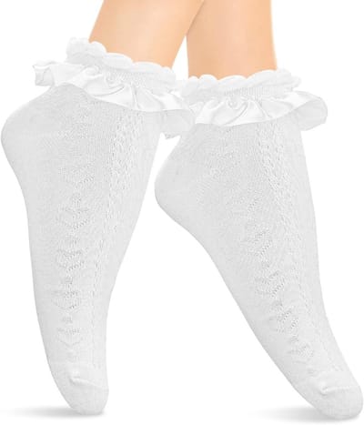 Allecto Plus - Ruches Liners Kant Enkelsokken 1 Paar - Hartvormige Frilly Crew - Elastische Katoenen Sok - Prinses Fairy Goth - Manchetten - Mooie Jurk voor Lady - Meisjes Schoolmeisje Kleding - Kostuum - Effen Kleur