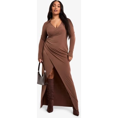 boohoo Dames Plus Jurk met kraag, wrap-stijl en gerucheerde taille in midaxi lengte | Mokka | Maat: 46