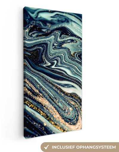 Canvas schilderij 20x40 cm - Wanddecoratie Marmer - Goud - Blauw - Glitter - Marmerlook - Abstract - Muurdecoratie woonkamer - Slaapkamer decoratie - Kamer accessoires - Schilderijen op canvas
