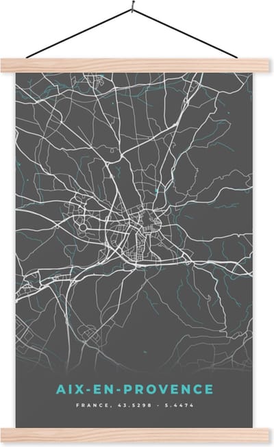 Posterhanger incl. Poster 40x60 cm - Schoolplaat - Frankrijk - Aix-en-Provence - Kaart - Stadskaart - Plattegrond - Textielposter - Blanke latten - Stadskaart