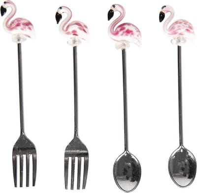 Clayre & Eef Dessertbestek Set van 4 14x10 cm Zilverkleurig Zink Flamingo Bestekset Bestek Set Dessert Bestek