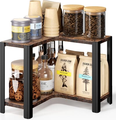 Kleine Organizer voor Keuken en Koffiehoek - Ruimtebesparende Hoekplank van Hout en Metaal, Vintage Bruin, Ideaal voor Koffie Accessoires en Keukenbenodigdheden