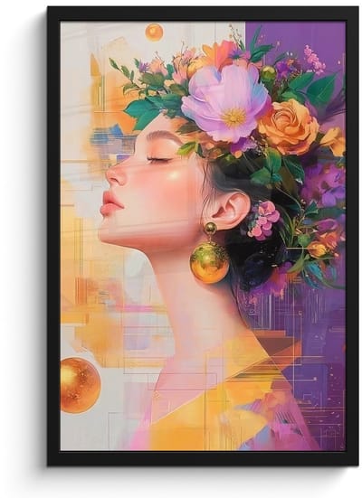 Poster in lijst - Fotolijst 40x60 cm - Posters - Abstract - Vrouw - Bloemenkroon - Goud - Posterlijst zwart - Decoratie - Wanddecoratie woonkamer - Muurdecoratie slaapkamer