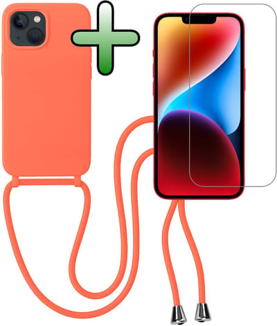 Hoes Geschikt voor iPhone 13 Mini Hoesje Met Koord Met Screenprotector - Telefoonhoesje Geschikt voor iPhone 13 Mini Backcover Met Afneembaar Koord - Papaya