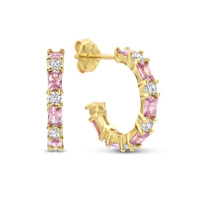 New Bling 9NB-0918 Zilveren Halve Oorringen - Dames - Zirkonia - Rond en Baquette - 15 mm Doorsnee - Wit en Roze - Goudkleurig