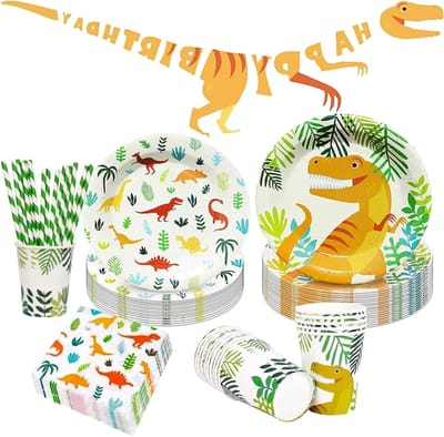 Dinosaurusthema Verjaardagsservies voor 25 Gasten, 126-delige Set met Papieren Borden en Versieringen voor Kinderfeestjes en Babyshowers