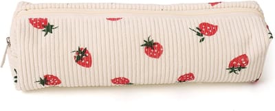 KZQ Pennenetui, corduroy stof, schattige aardbeienetui, modieus en eenvoudig etui, voor meisjes, school, kantoor, tieners, dames, roze, beige, Eenvoudig