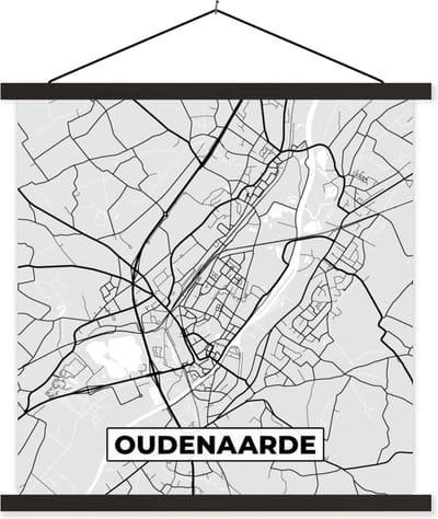 Posterhanger incl. Poster 60x60 cm - Schoolplaat - Stadskaart – Plattegrond – België – Zwart Wit – Oudenaarde – Kaart - Textielposter - Zwarte latten - Stadskaart