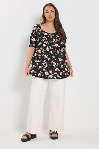Yours Zwarte Top Met Bloemenprint En Strikhals Size 42