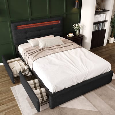 MEUNIQ eenpersoons bedframe 90x200 cm met LED-verlichting, 2 lades, verstelbaar hoofdbord, lattenbodem, gestoffeerd normaal bed voor slaapkamer, zwart