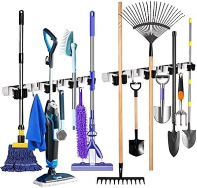 Set van 2 wandbezemhouders, roestvrij staal, zelfklevend of schroefmontage, voor tuingereedschap en huishoudelijke accessoires