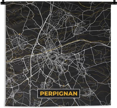 Wandkleed - Wanddoek - Frankrijk – Perpignan - Kaart – Plattegrond – Stadskaart - 180x180 cm - Wandtapijt