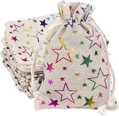 Jutezak met Trekkoord - Set van 20 Mini Geschenktassen met Sterrenprint voor Bruiloften en Feestjes