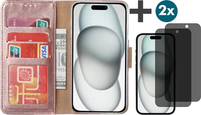 Hoesje met Privacy Screenprotectors 2 Stuks Geschikt voor iPhone 15 – Arara bookcase met pasjeshouder - Rosegoud