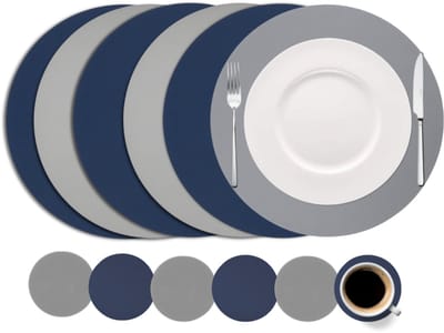 Cookinglife Placemats en onderleggers - Set van 12 - 6 ronde placemats - Ø38 cm - 6 ronde onderzetters - Ø10 cm - Dubbelzijdig - Vegan Lederlook - Grijs/Blauw