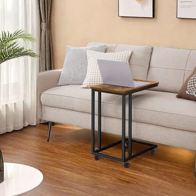 C-vormige bijzettafel met wieltjes en houtlook blad voor bank of bed