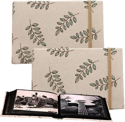 2 Stuks - Kleine Fotoalbums - Geschikt voor 100 Foto's - van 10x15 cm - Linnen Cover - met Bladmotief - Mini Album met Elastische Sluiting - Wit/Beige