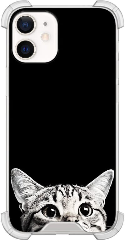 Shockproof hoesje geschikt voor Apple iPhone 12 mini - Kat kiekeboe - Schokbestendig - Verhoogde randen - TPU case - Extra Sterke Back Cover - Print - Transparant, Zwart
