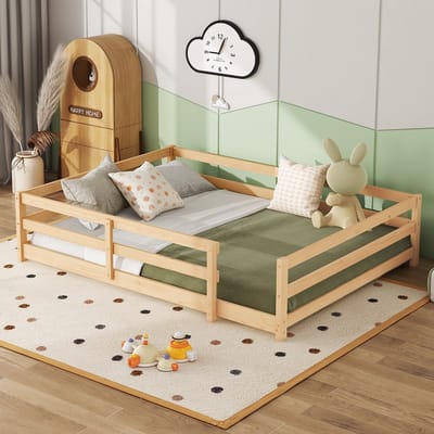 Sweiko Kinderbed - 140 x 200 cm - Massief hout - Veiligheidsomheining - Natuurlijke