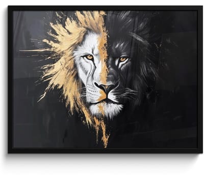 Poster in lijst - Fotolijst 70x50 cm - Posters - Leeuw - Gesplitst - Zwart - Lijn - Posterlijst zwart - Decoratie - Wanddecoratie woonkamer - Muurdecoratie slaapkamer