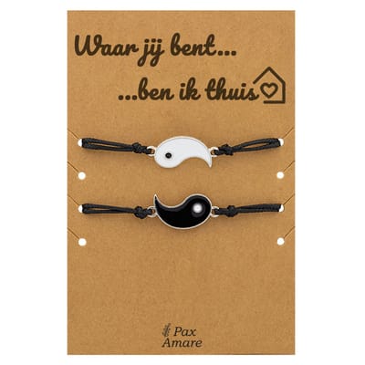 Koppel Armbandjes voor 2 "Waar jij bent, ben ik thuis" - Yin Yang - Vriendschapsarmbandjes met Liefdevol Cadeau Kaartje - Zilverkleurig - Elastisch Verstelbaar - Pax Amare