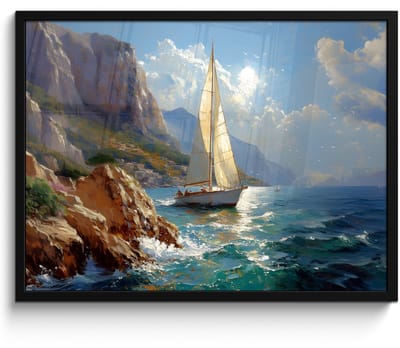 Poster in lijst - Fotolijst 70x50 cm - Posters - Zeilschip - Zee - Rotsen - Wolken - Posterlijst zwart - Decoratie - Wanddecoratie woonkamer - Muurdecoratie slaapkamer