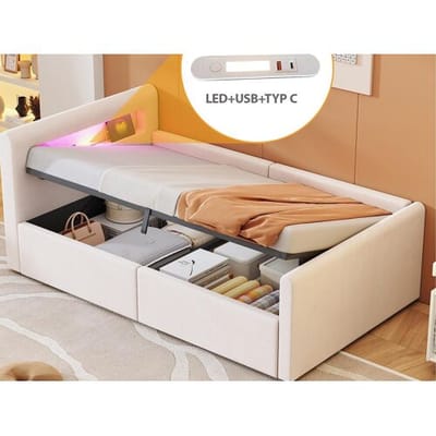 ModernLuxe Opbergbed 90×200 cm - met LED-verlichting - met USB-oplaadpunt - met planken - fluweel - beige (matras niet inbegrepen)