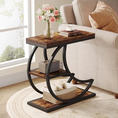 Tribesigns Bijzettafel - Industriële Bijzettafel met 3 Niveaus en Opbergruimte - Sidetable - Salontafel met Halvemaanvormig Metalen Frame voor Woonkamer, Slaapkamer - 60×30×60 cm - Bruin