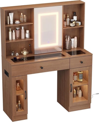 Kaptafel met schuifspiegel en 3-kleurige ledverlichting, blad van gehard glas, opberglades en geïntegreerde USB-/stroomaansluitingen