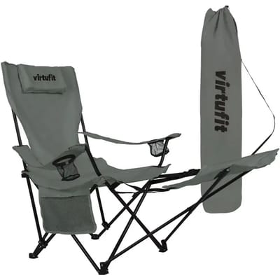 VirtuFit Opvouwbare Camping Stoel met Voetsteun - Strandstoel - Grijs - Inclusief Draagtas, Bekerhouder en Opbergvak