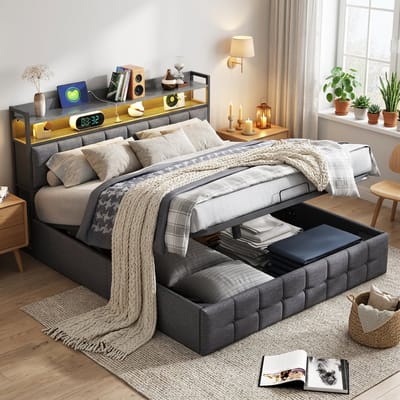 Gestoffeerd bed 140x200 cm met LED & Opbergruimte – Opbergbed Tweepersoonsbed met USB-Stopcontacten en Gasveer – Boxspringbed - Linnen Grijs – Zonder Matras