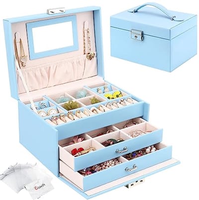 Sieradenbox met Lades voor Vrouwen en Meisjes - Grote Organizer voor Ringen, Oorbellen, Armbanden en Kettingen in Luchtblauw