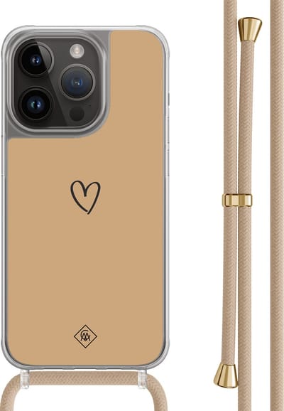 Casimoda® hoesje met beige koord - Geschikt voor iPhone 14 Pro - Hart Bruin - Afneembaar koord - TPU/polycarbonaat - Bruin/beige