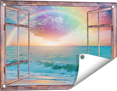 Gards Tuinposter Doorkijk Regenboog in het Water bij het Strand - 60x40 cm - Tuindoek - Tuindecoratie - Wanddecoratie buiten - Tuinschilderij