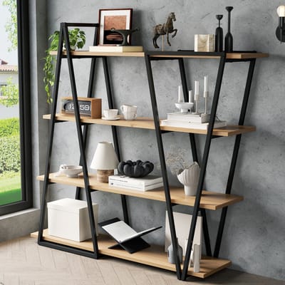 OKWISH Boekenkast Geometrisch – 158 x 35 x 166 cm – MDF En Metaal – Zwart Bruin – Open Opbergrek Met Kantelbeveiliging