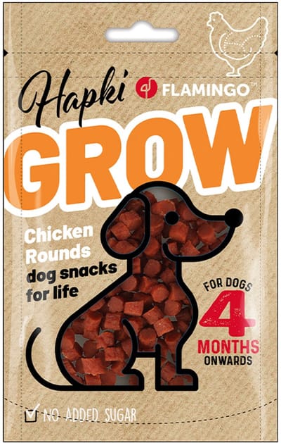 f** 2 X ** Famingo hapki grow - chicken round - 85 gr voor puppy's vanaf 4 maanden - geen toegevoegde suiker 2 x 85 gr = 170 gr - gezond en lekker