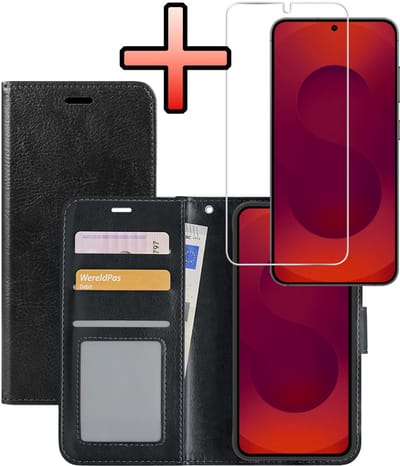 Hoesje - Met Screenprotector - Geschikt voor Samsung Galaxy S25 Edge - Luxe Pasjeshouder - Bookcase Portemonee - Flip Case - Kunstleer Book Case - Flipcase - Book Cover - Walletcase - Portemonneehoes - Zwart