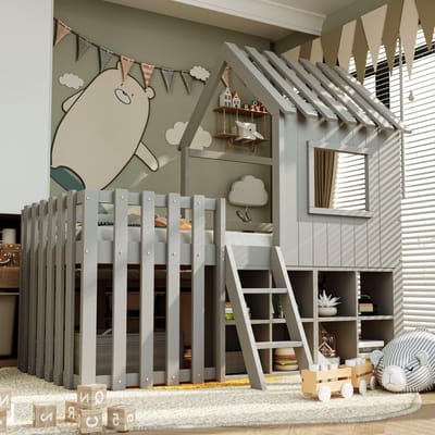 MODFU Kinderbed 90x200 cm – grijs massief hout – huisbed met dak, raam en opbergruimte