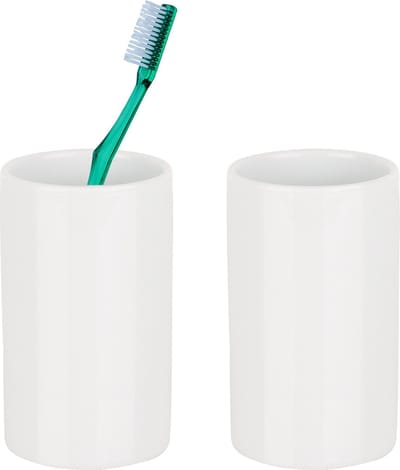 Spirella Badkamer drinkbeker/tandenborstelhouder Sienna - 2x - porselein - glans ivoor wit - 7 x 11 cm