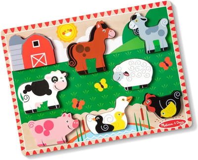 Houten Inlegpuzzel Boerderijdieren met Knopjes voor Peuters