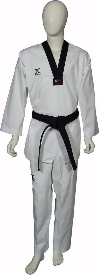 Taekwondo-pak dan (dobok) JC-Club | WT | Wit / Zwart (Maat: 130)