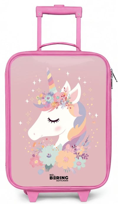 NoBoringSuitcases.com® - Kinderkoffer roze - Kindertrolley meisje - Eenhoorn - Roze - Bloemen - Koffer kind lichtgewicht - Reiskoffer trolley voor kinderen - Koffertje met lichtgevende wieltjes - Rolkoffer