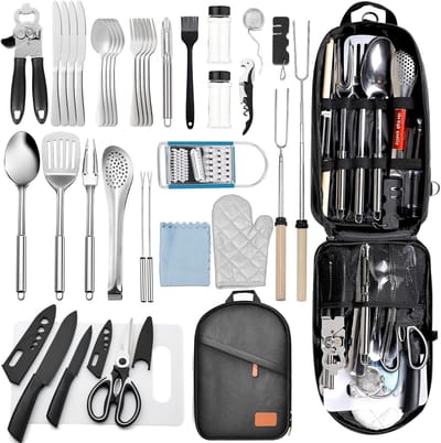 Famanu – Complete campingkookgereiset met roestvrijstalen bestek, multifunctionele campingaccessoires voor outdoor gebruik