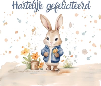 Wenskaart gefeliciteerd konijntje bloemetjes – 13x13 cm – gevouwen kaart – inclusief witte envelop – stevig papier – verjaardagskaart kind