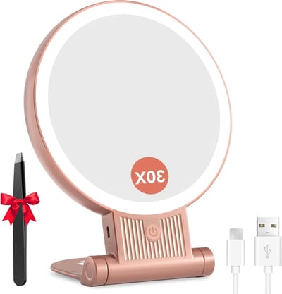 Cosmetische Make-up Spiegel met LED Verlichting, 30X/1X Vergrotende Handspiegel, Draagbare Vouwspiegel met 3 Instelbare Lichtkleuren en Oplaadbare Functionaliteit