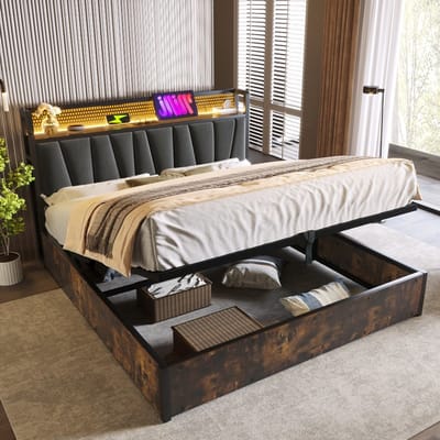 KOMHTOM - Gestoffeerd bed - metalen bed - LED - app-bediening - tweepersoonsbed - oplaadbare USB-functie - hoofdeinde - LED-verlichting - 180x200 cm - houten lattenbodem - grijs - zonder matras