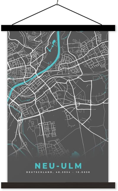 Posterhanger incl. Poster 40x60 cm - Schoolplaat - Plattegrond – Neu Ulm– Blauw – Stadskaart – Kaart - Duitsland - Textielposter - Zwarte latten - Stadskaart